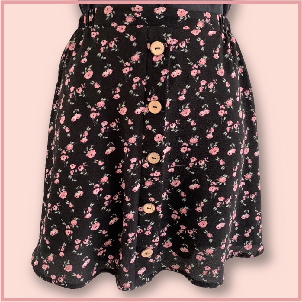 Flirty Floral Print Mini Skirt with Button Accent by Good Luck Gem